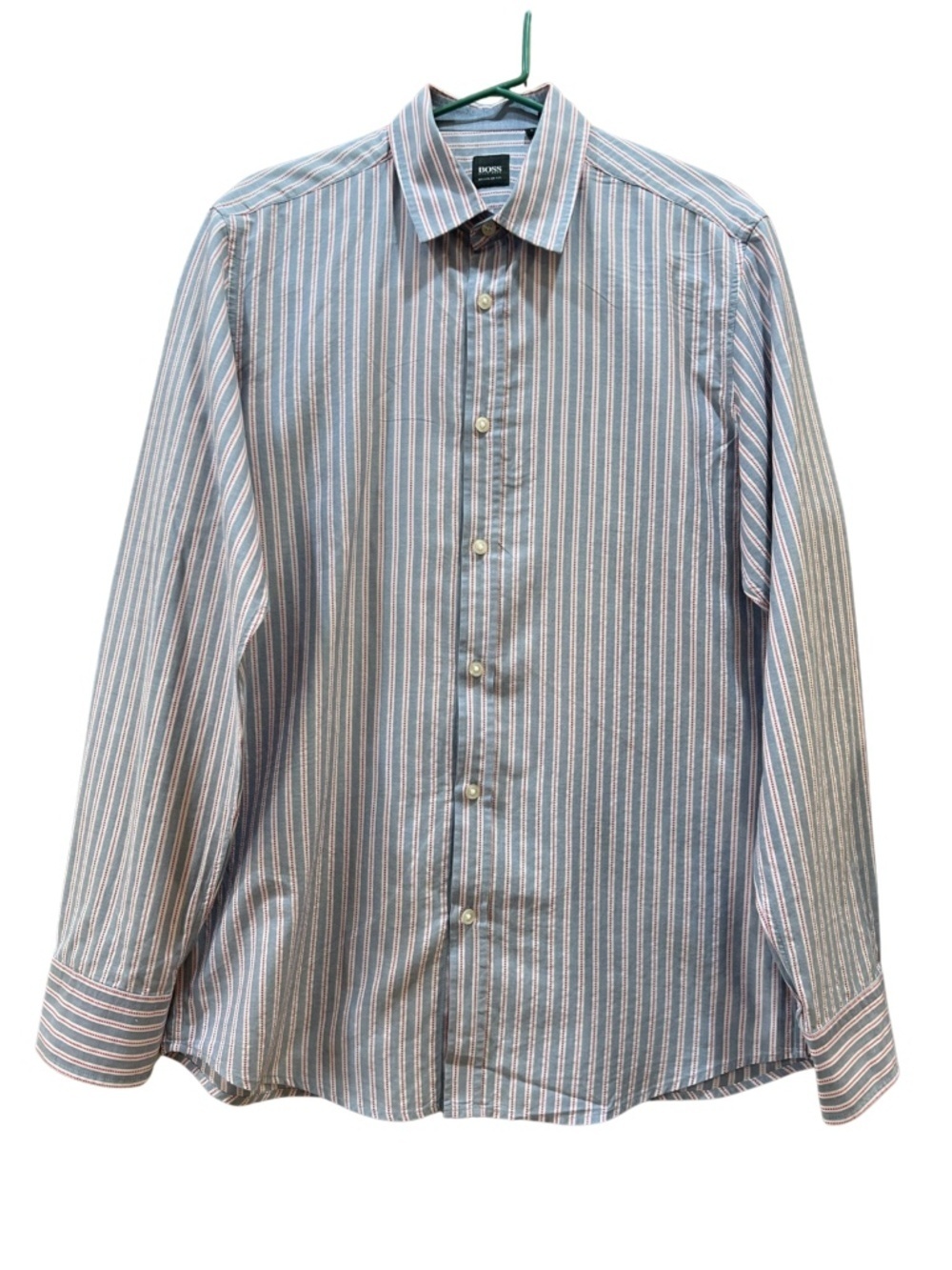 Hugo Boss Regular Fit Dress Shirt Blue Red White Stripe Button Down | Large